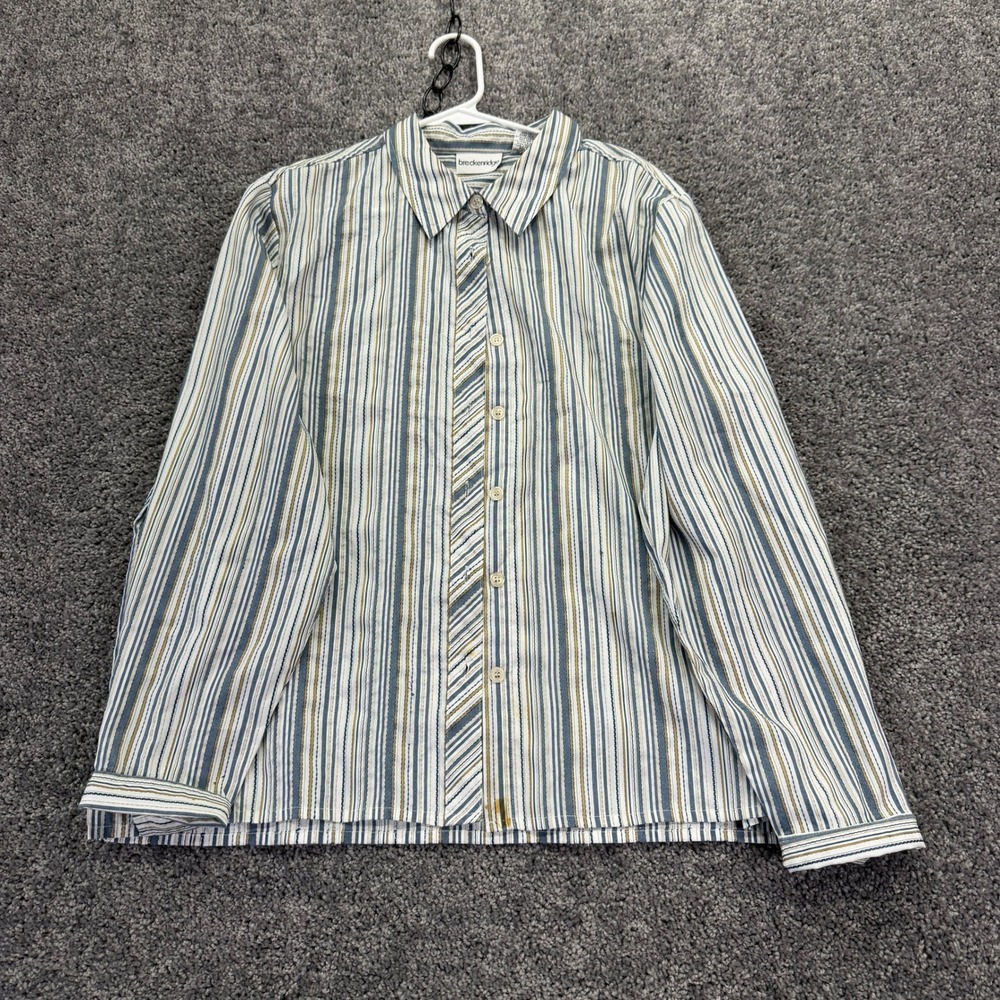 Breckenridge Button Up Womens Extra Large Blue White Gold Stripe Long Sleeve Top